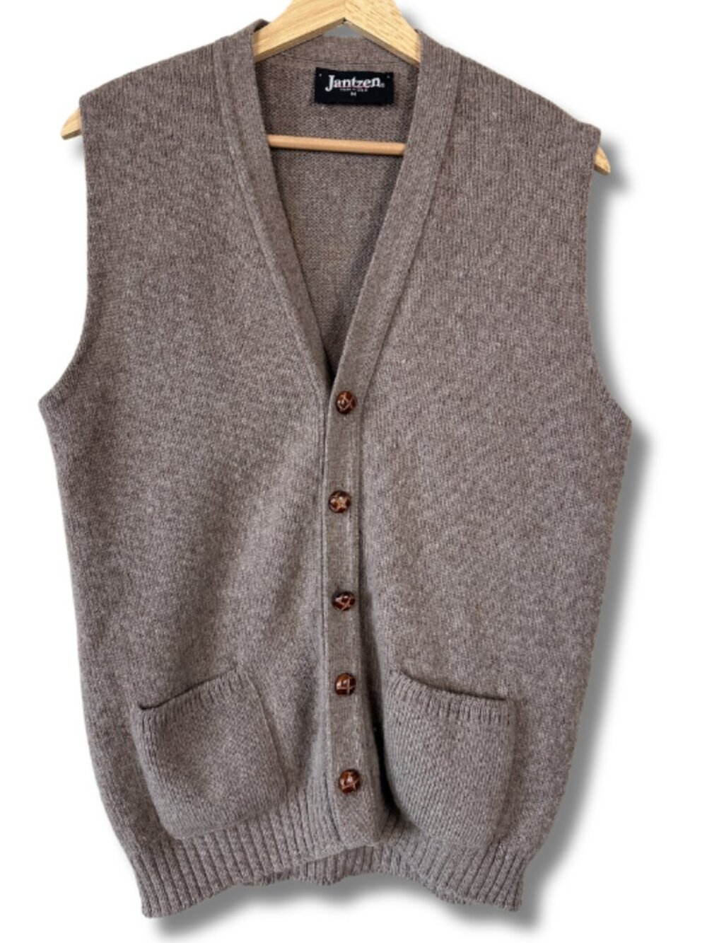 Jantzen Wool Vest Men’s Medium Vintage Made in USA Wood Buttons Heritage Brown